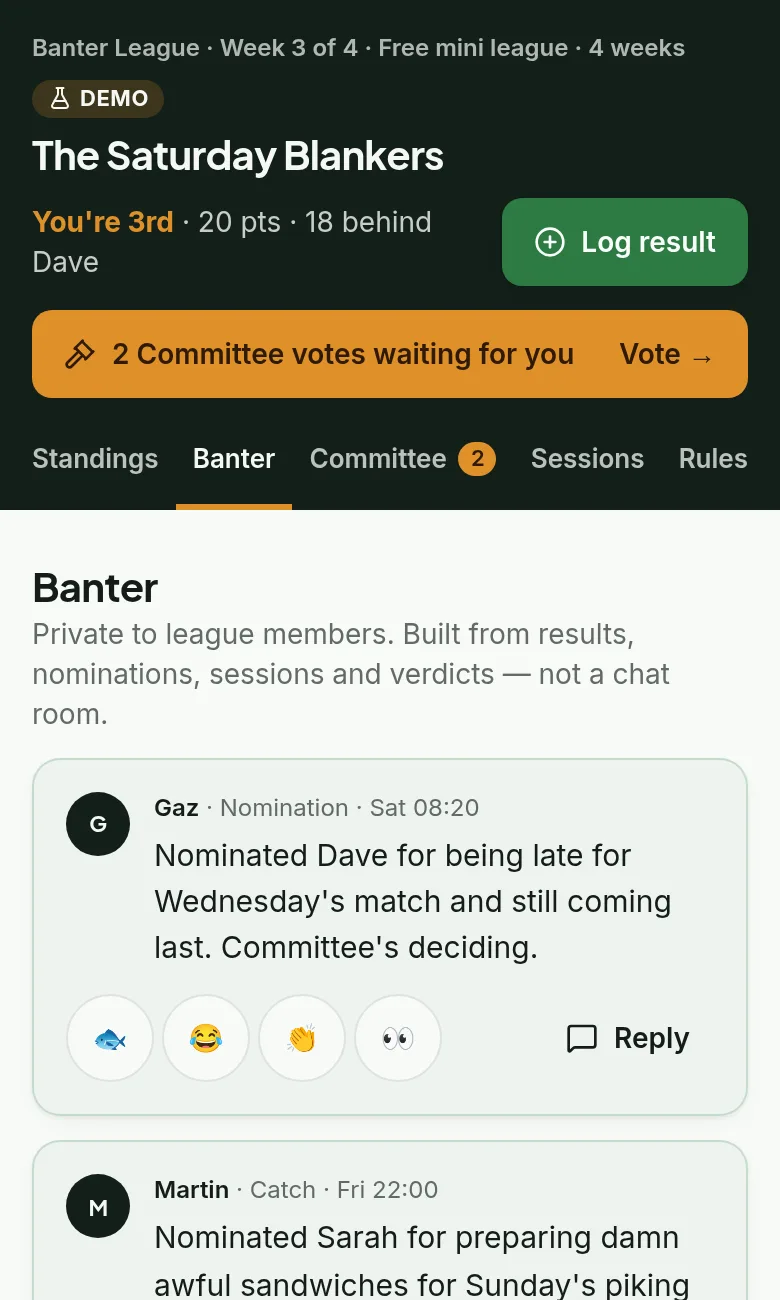 Banter feed in the demo with nominations and emoji reactions from league mates