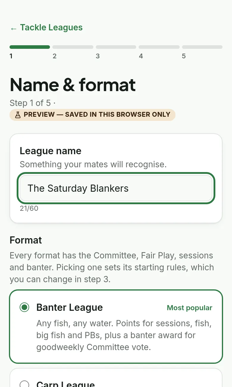 Step 1 of league set-up: name the league and pick a format such as Banter League or Carp League