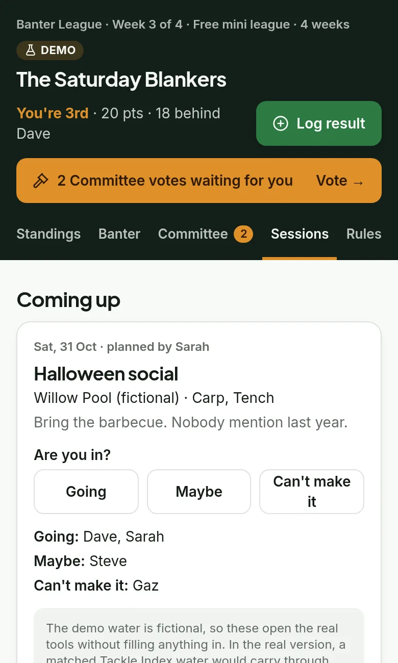 League sessions in the demo: a planned social with Going, Maybe and Can't make it answers