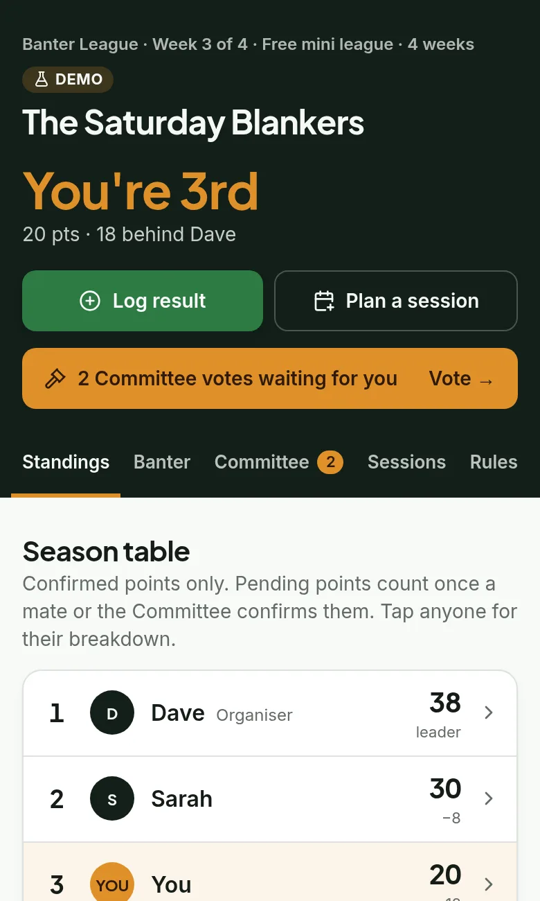 League home in the demo: you're 3rd on 20 points, with Log result and Plan a session buttons