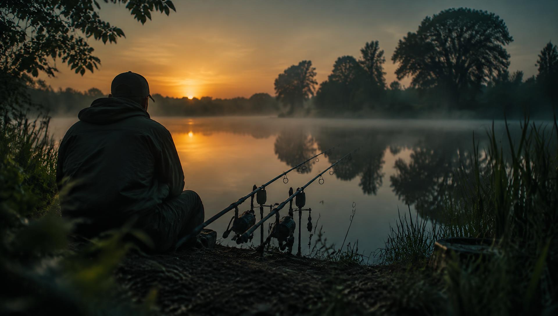 Dawn on a UK carp lake with rods set up on the bank